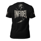 Back view of black tee with hooded reaper, scythe, and large “INFIDEL” graphic