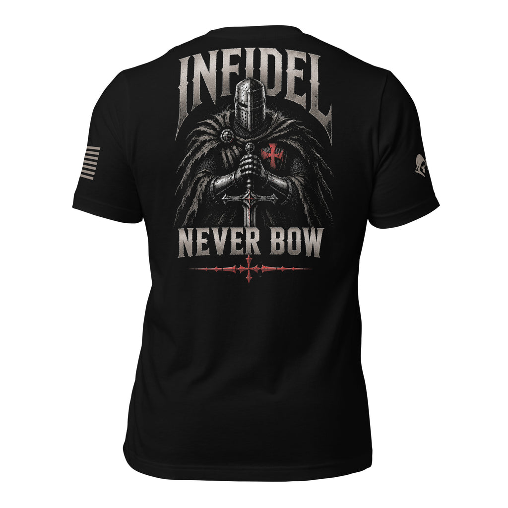 Back view of black tee with fur-cloaked knight, sword, red cross, and “INFIDEL NEVER BOW” graphic