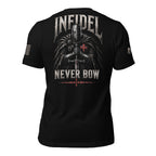 Back view of black tee with fur-cloaked knight, sword, red cross, and “INFIDEL NEVER BOW” graphic
