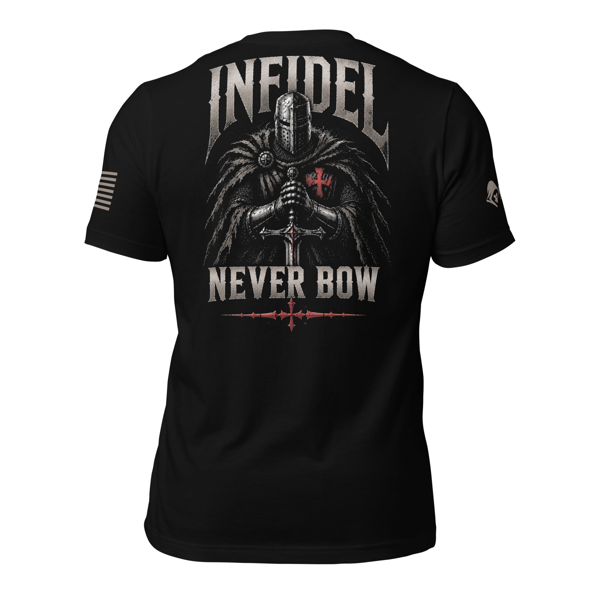 Back view of black tee with fur-cloaked knight, sword, red cross, and “INFIDEL NEVER BOW” graphic