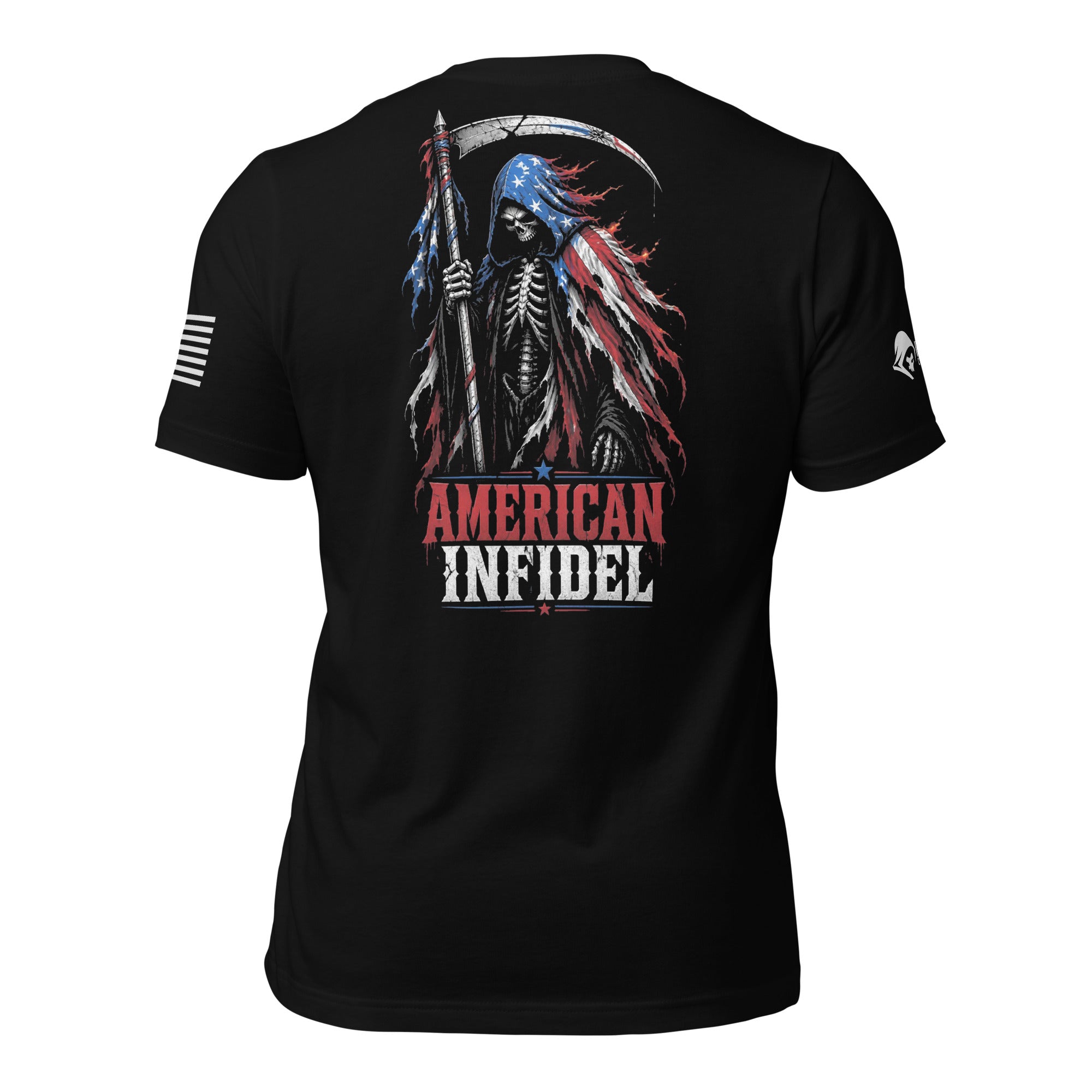 Back view of black tee with skeletal reaper, scythe, American flag cloak, and “AMERICAN INFIDEL” graphic