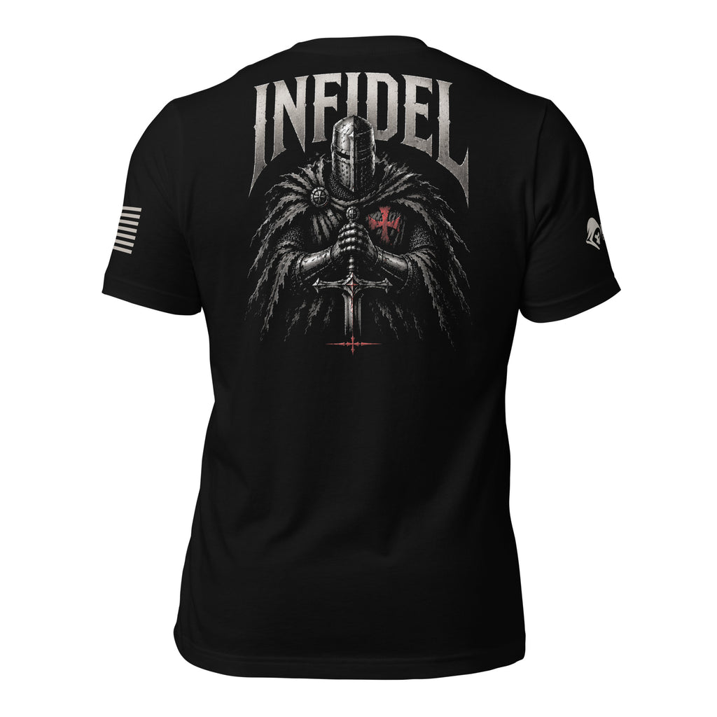 Back view of black tee with fur-cloaked knight, red cross, sword, and “INFIDEL” graphic
