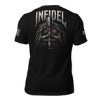 Back view of black tee with fur-cloaked knight, red cross, sword, and “INFIDEL” graphic