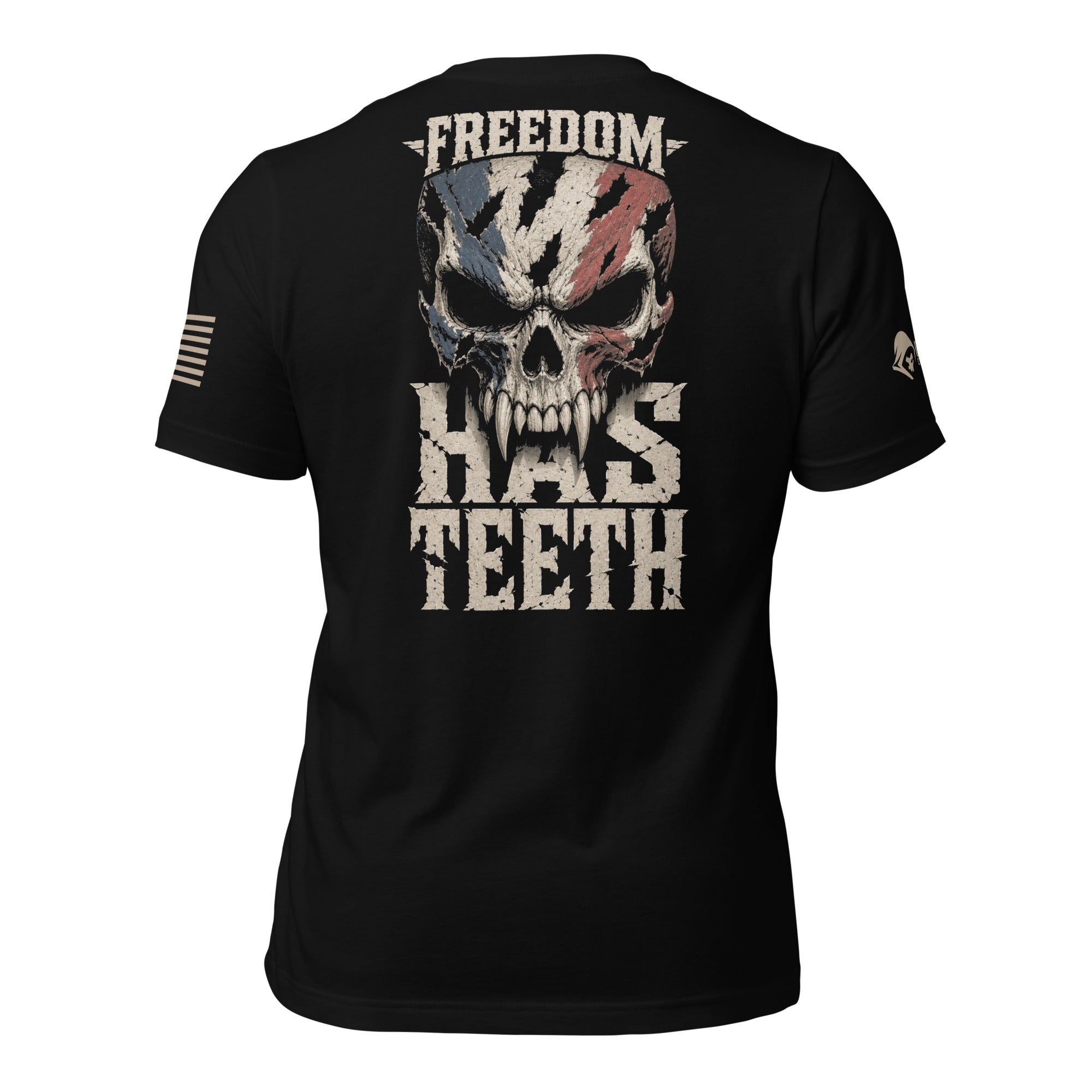 Back view of black tee with distressed American flag skull and “FREEDOM HAS TEETH” graphic