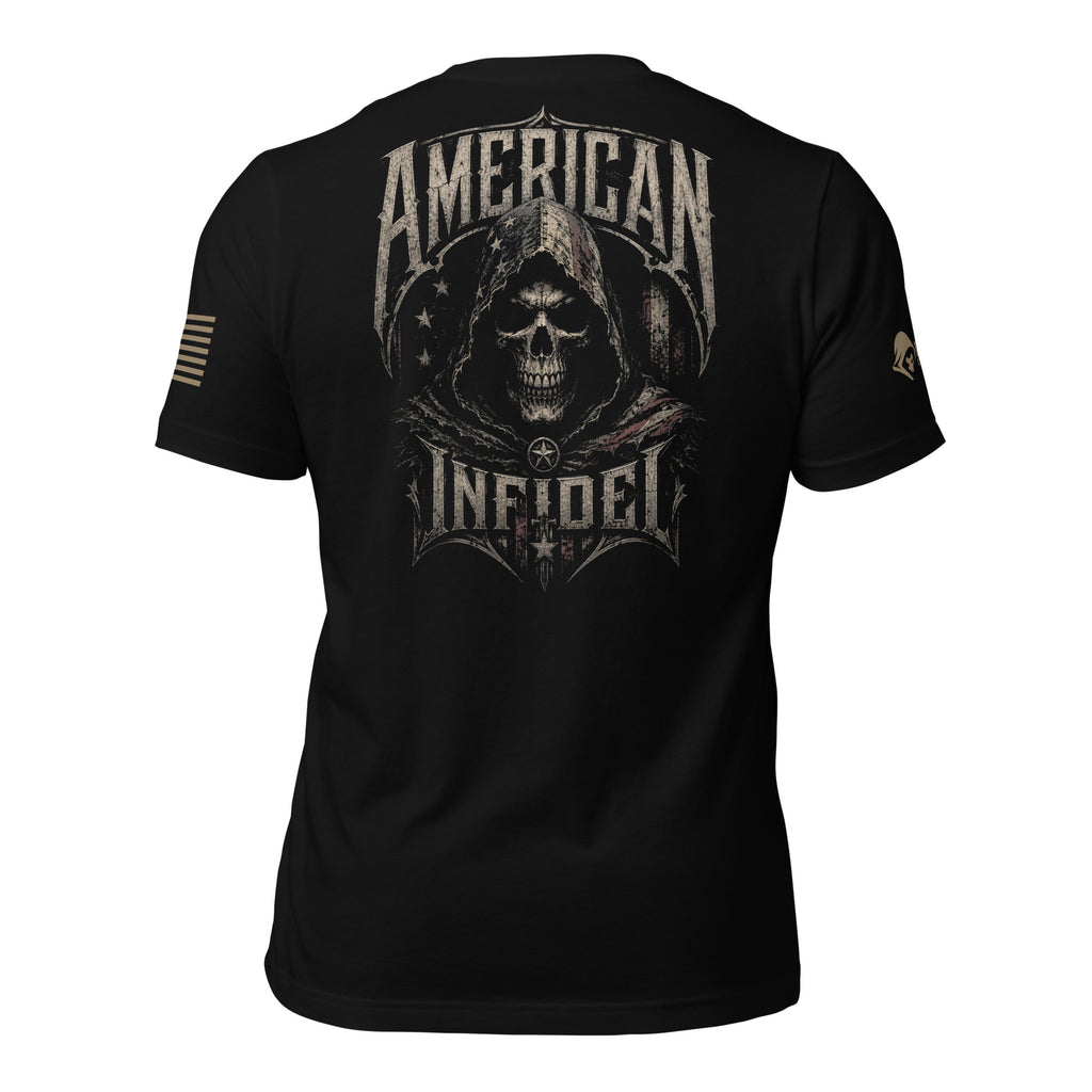 Back view of black tee with hooded skull reaper, distressed American flag, and “AMERICAN INFIDEL” graphic