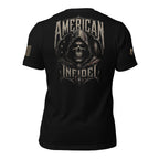 Back view of black tee with hooded skull reaper, distressed American flag, and “AMERICAN INFIDEL” graphic