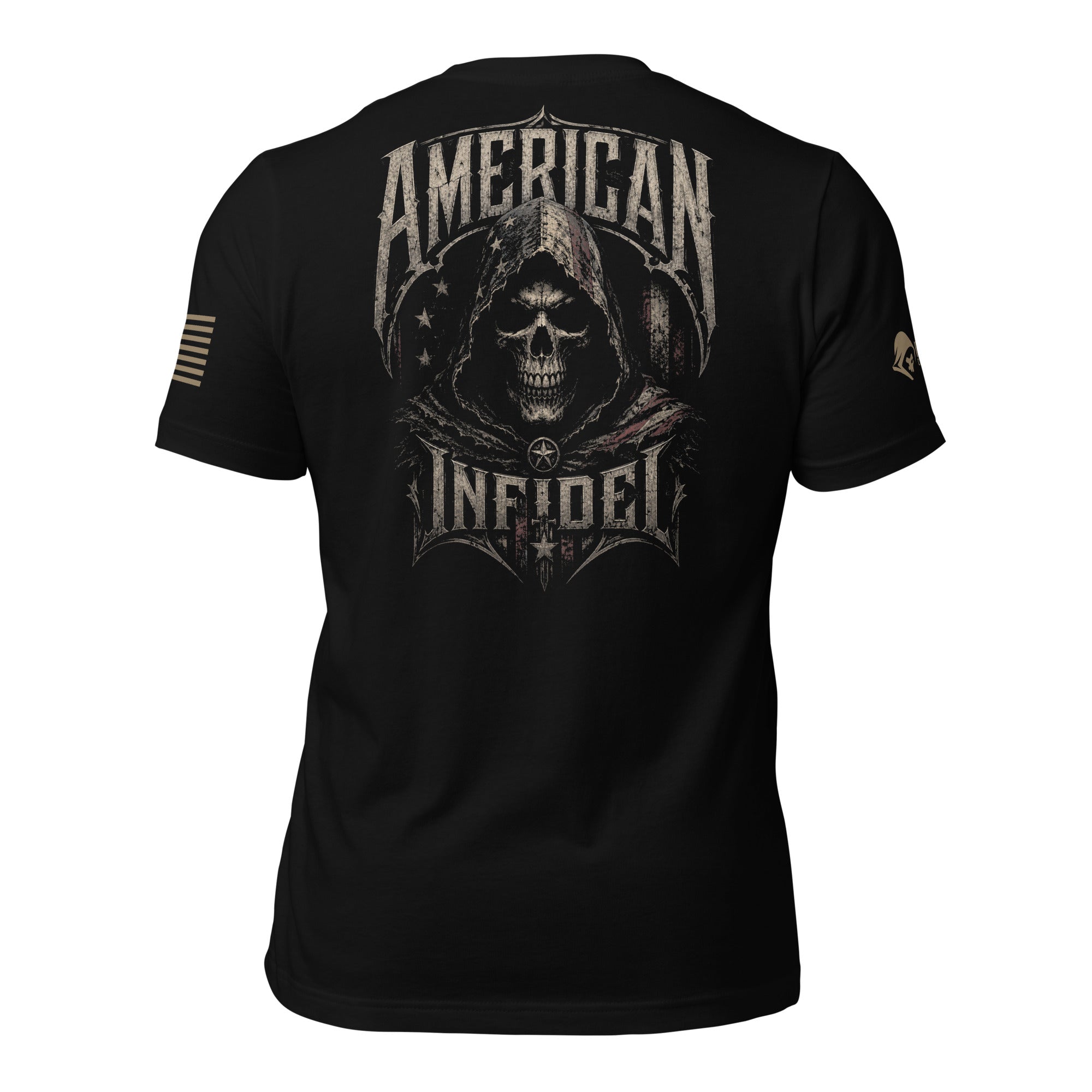Back view of black tee with hooded skull reaper, distressed American flag, and “AMERICAN INFIDEL” graphic