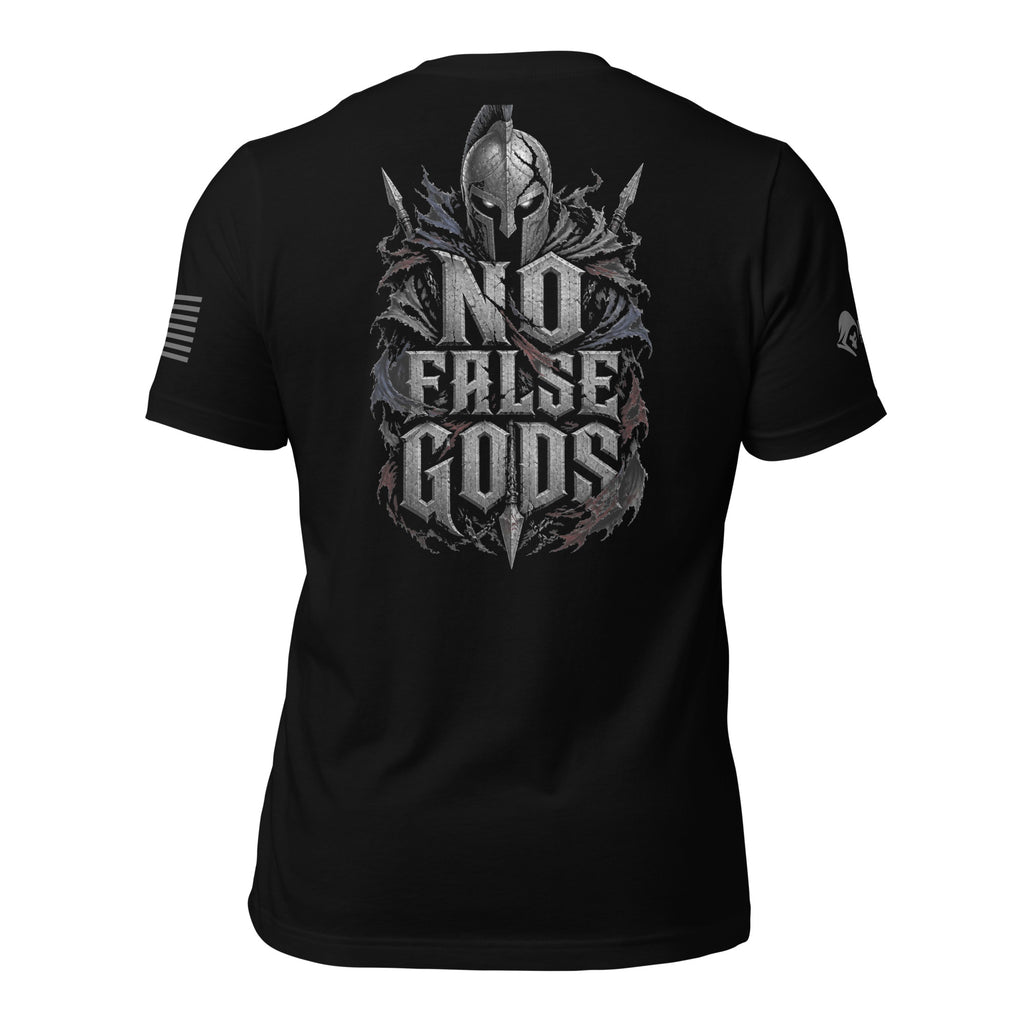 Back view of black tee with Spartan helmet, thorned crest, and “NO FALSE GODS” graphic