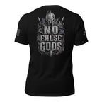 Back view of black tee with Spartan helmet, thorned crest, and “NO FALSE GODS” graphic