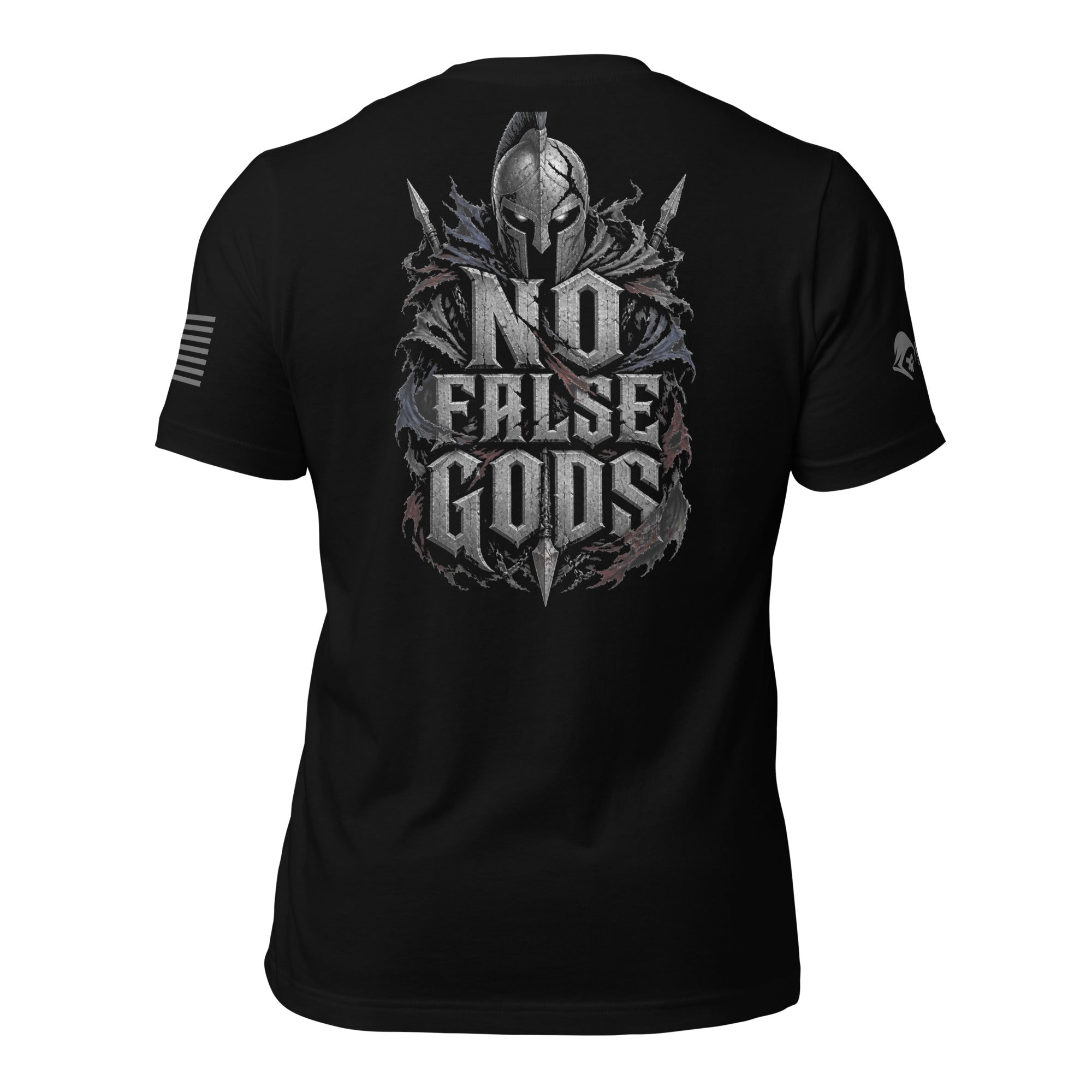 Back view of black tee with Spartan helmet, thorned crest, and “NO FALSE GODS” graphic