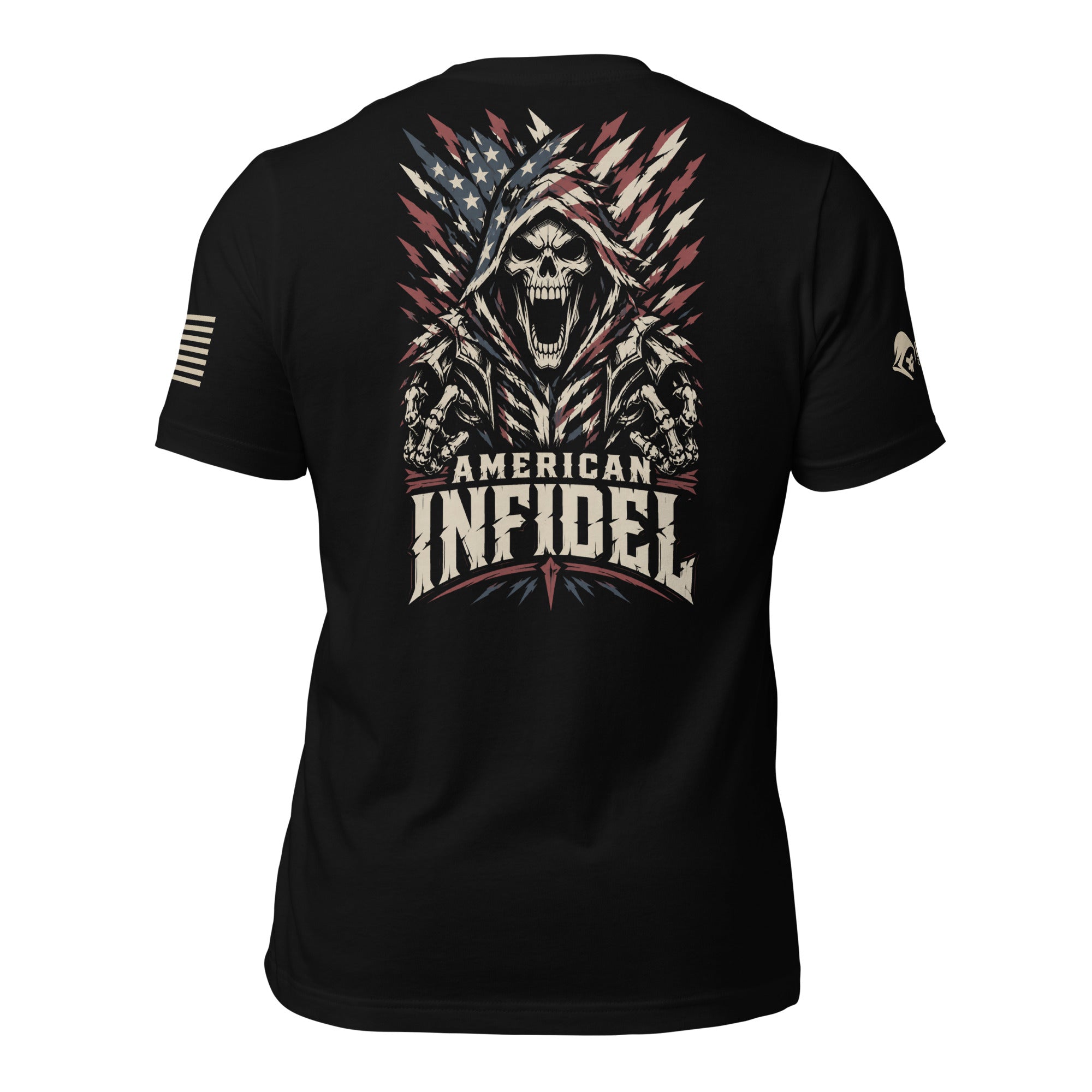Back view of black tee with hooded skull reaper, shattered American flag shards, and “AMERICAN INFIDEL” design