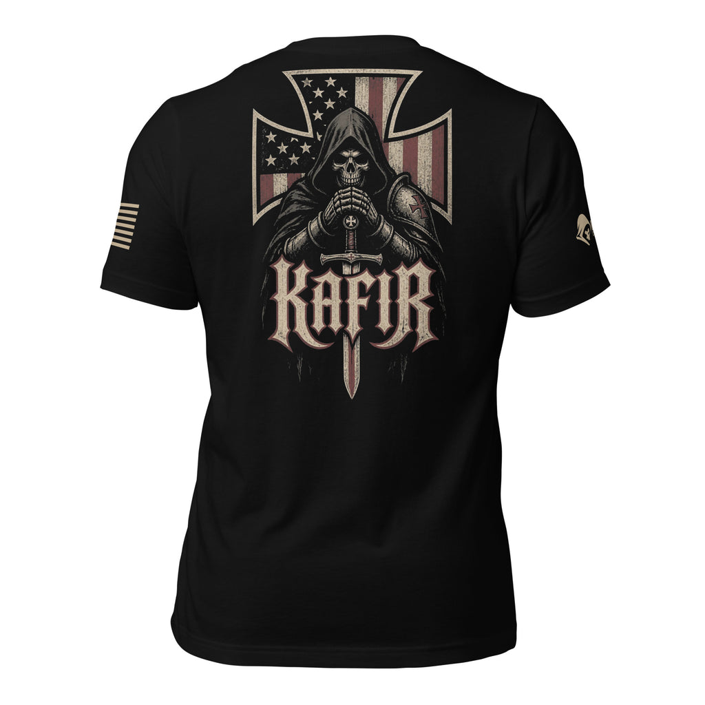 Back view of black tee with hooded knight, sword, American flag iron cross, and “KAFIR” design