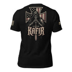 Back view of black tee with hooded knight, sword, American flag iron cross, and “KAFIR” design