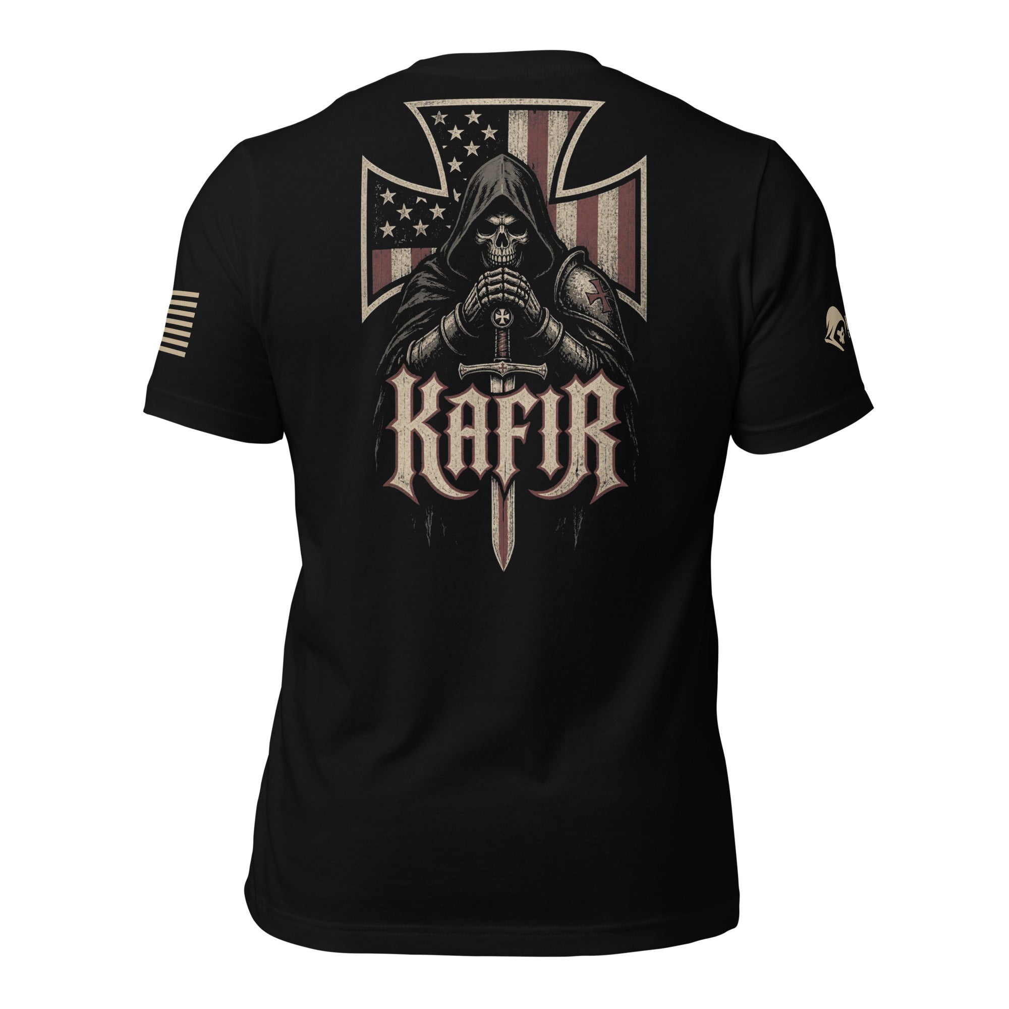 Back view of black tee with hooded knight, sword, American flag iron cross, and “KAFIR” design