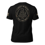Back view of black tee with coiled rattlesnake, flintlock pistols, and “LIBERTY OR DEATH — 1776 — THAT IS MY CREED” graphic