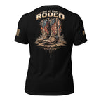 Back view of black Not My First Rodeo Cowboy Boots tee