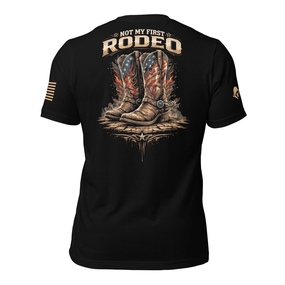Back view of black Not My First Rodeo Cowboy Boots tee