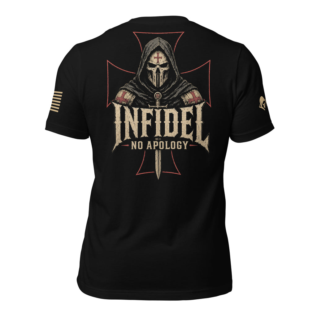 Black t-shirt with 'INFIDEL NO APOLOGY' logo on the back against a white background
