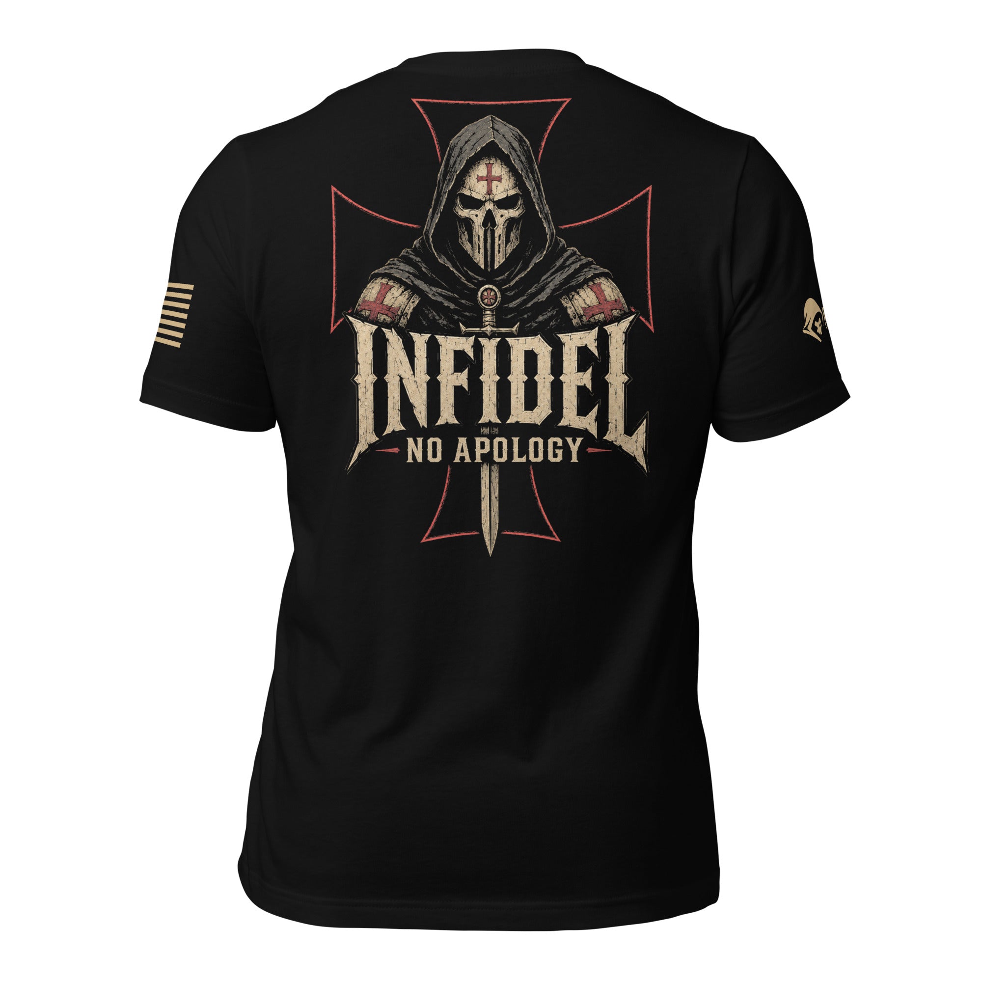 Black t-shirt with 'INFIDEL NO APOLOGY' logo on the back against a white background