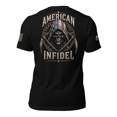 Back view of black tee featuring the American Infidel crossed scythes reaper graphic