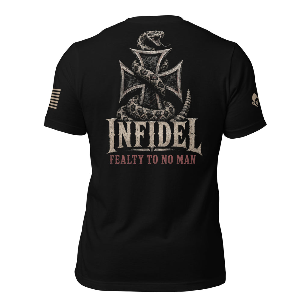 Back view of black tee featuring the Infidel Fealty to No Man serpent and iron cross graphic