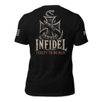 Back view of black tee featuring the Infidel Fealty to No Man serpent and iron cross graphic