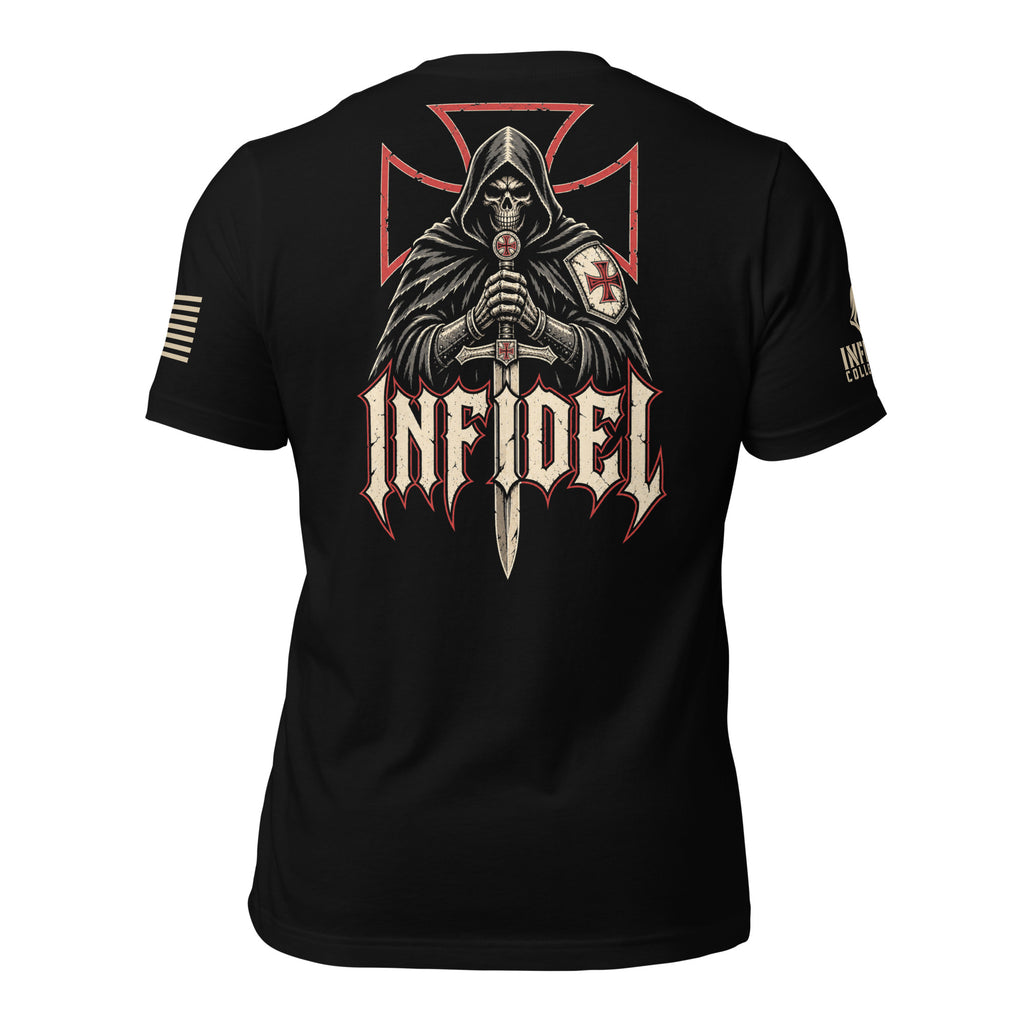 Black short-sleeve t-shirt shown from the back, featuring a large graphic of a hooded grim reaper skull holding a sword, with a red cross motif and the word 'INFIDEL' in stylized white and red lettering. The shirt is photographed against a white background.