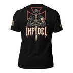 Black short-sleeve t-shirt shown from the back, featuring a large graphic of a hooded grim reaper skull holding a sword, with a red cross motif and the word 'INFIDEL' in stylized white and red lettering. The shirt is photographed against a white background.