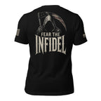 Black short-sleeve t-shirt shown from the back, featuring a large graphic of a hooded grim reaper holding a scythe with the text 'FEAR THE INFIDEL' in distressed white lettering. The shirt is displayed against a white background.