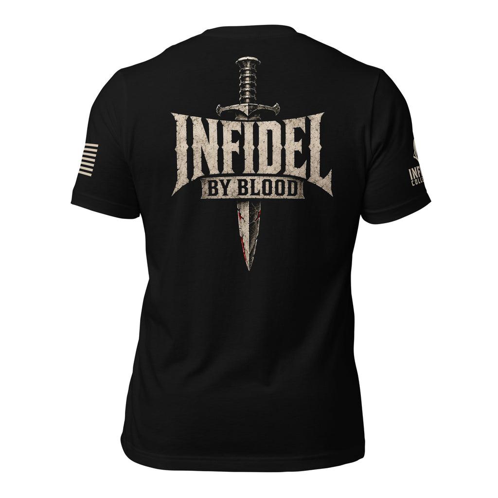 Black short-sleeve t-shirt shown from the back, featuring a large distressed graphic of a dagger behind the word 'INFIDEL' with 'BY BLOOD' underneath. The shirt is displayed against a white background.