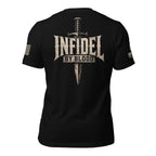 Black short-sleeve t-shirt shown from the back, featuring a large distressed graphic of a dagger behind the word 'INFIDEL' with 'BY BLOOD' underneath. The shirt is displayed against a white background.