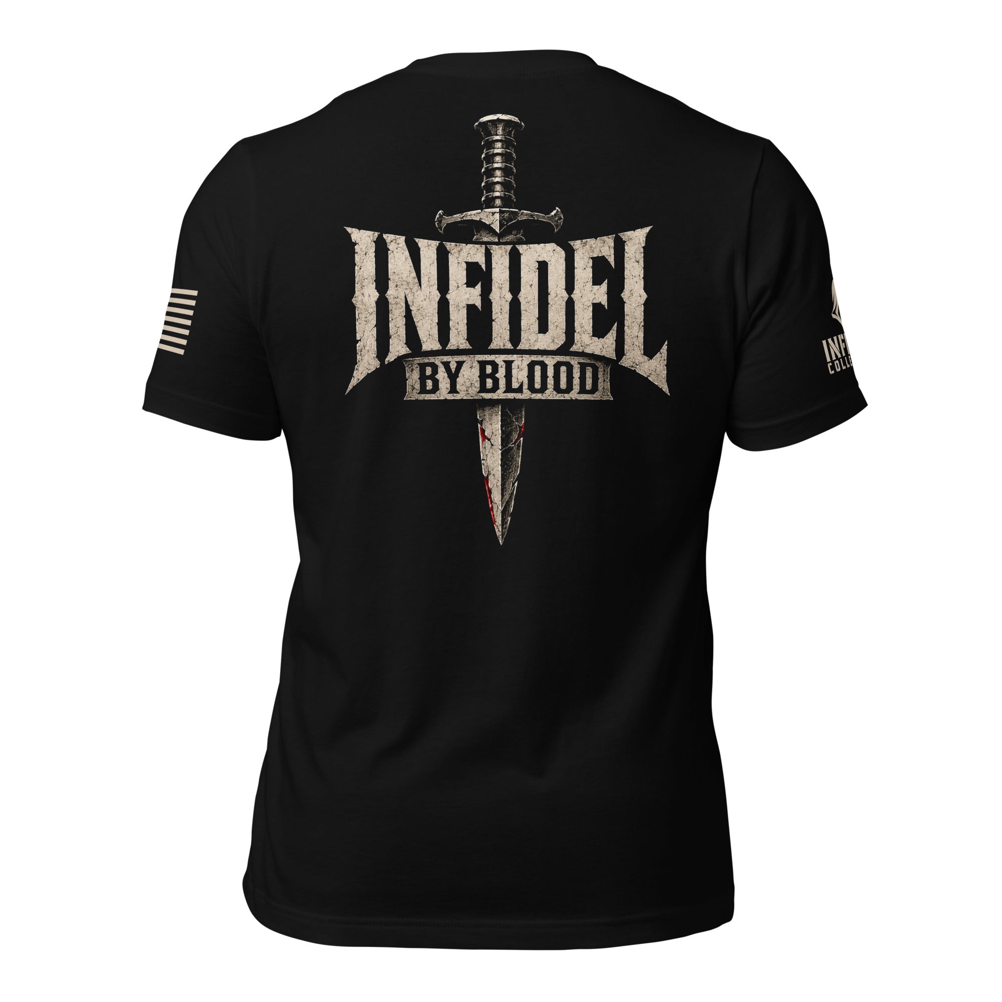 Black short-sleeve t-shirt shown from the back, featuring a large distressed graphic of a dagger behind the word 'INFIDEL' with 'BY BLOOD' underneath. The shirt is displayed against a white background.
