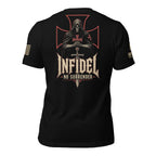 Black short-sleeve graphic T-shirt shown from the back, featuring a grim reaper illustration with a red cross, a sword, and the text 'INFIDEL NO SURRENDER.' The shirt is photographed against a white  background.