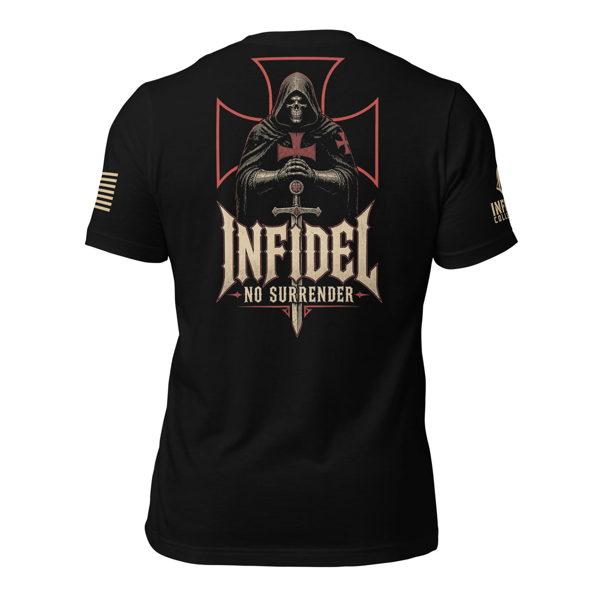 Black short-sleeve graphic T-shirt shown from the back, featuring a grim reaper illustration with a red cross, a sword, and the text 'INFIDEL NO SURRENDER.' The shirt is photographed against a white  background.
