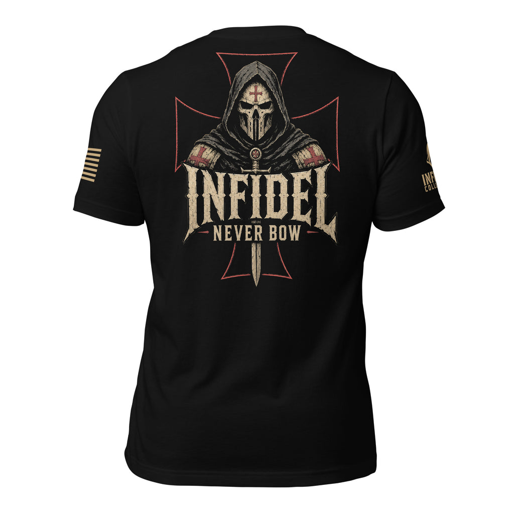 Back view of black tee featuring the Death Mask Infidel Never Bow graphic