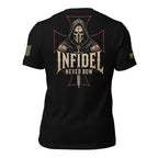 Back view of black tee featuring the Death Mask Infidel Never Bow graphic