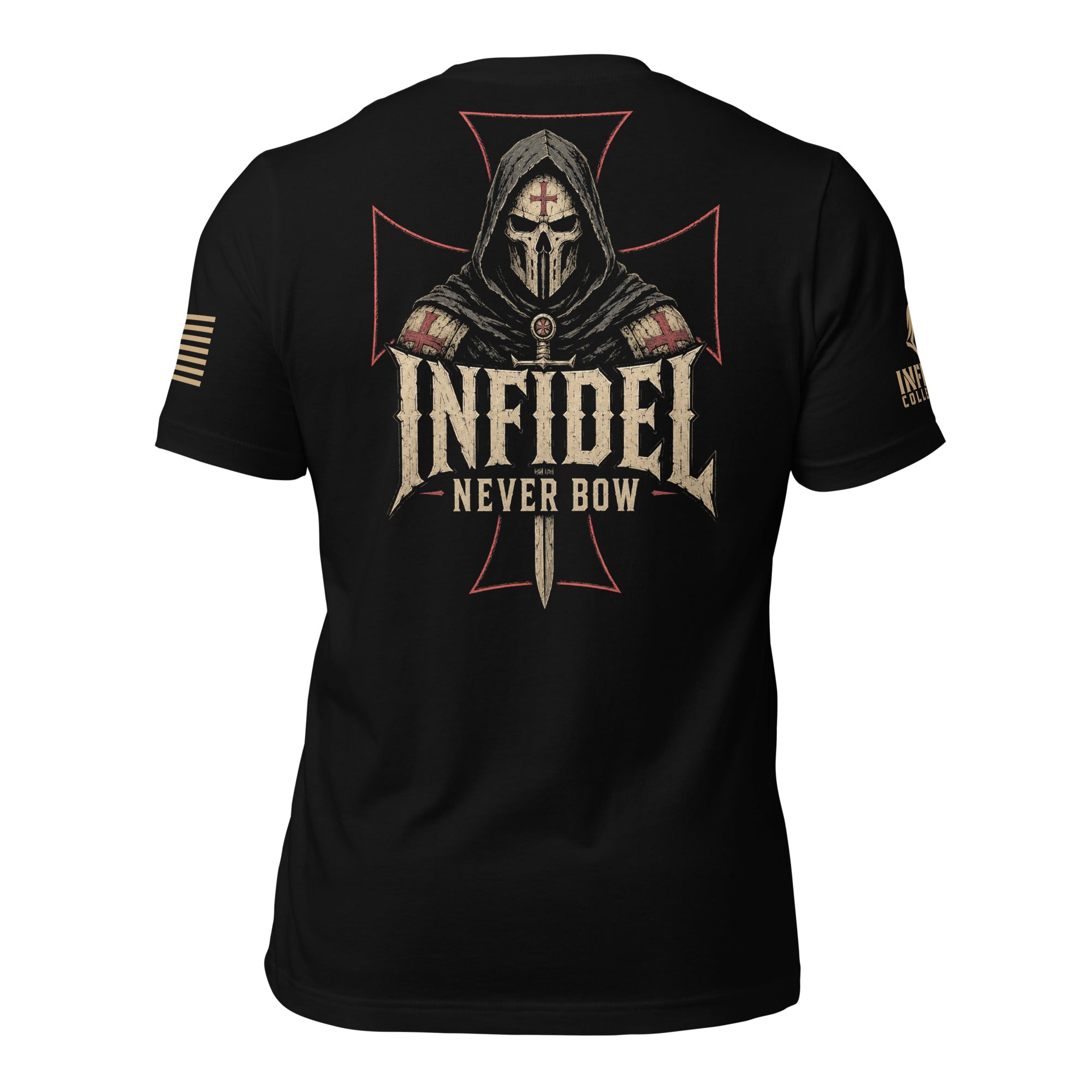 Back view of black tee featuring the Death Mask Infidel Never Bow graphic