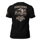 Back view of black tee featuring the Unbreakable We the Infidel eagle and distressed American flag back print