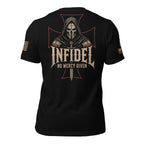 Black short-sleeve t-shirt shown from the back, featuring a large graphic of a hooded warrior with a skull mask inside a red cross, with the text 'INFIDEL' and 'NO MERCY GIVEN' in distressed beige lettering.