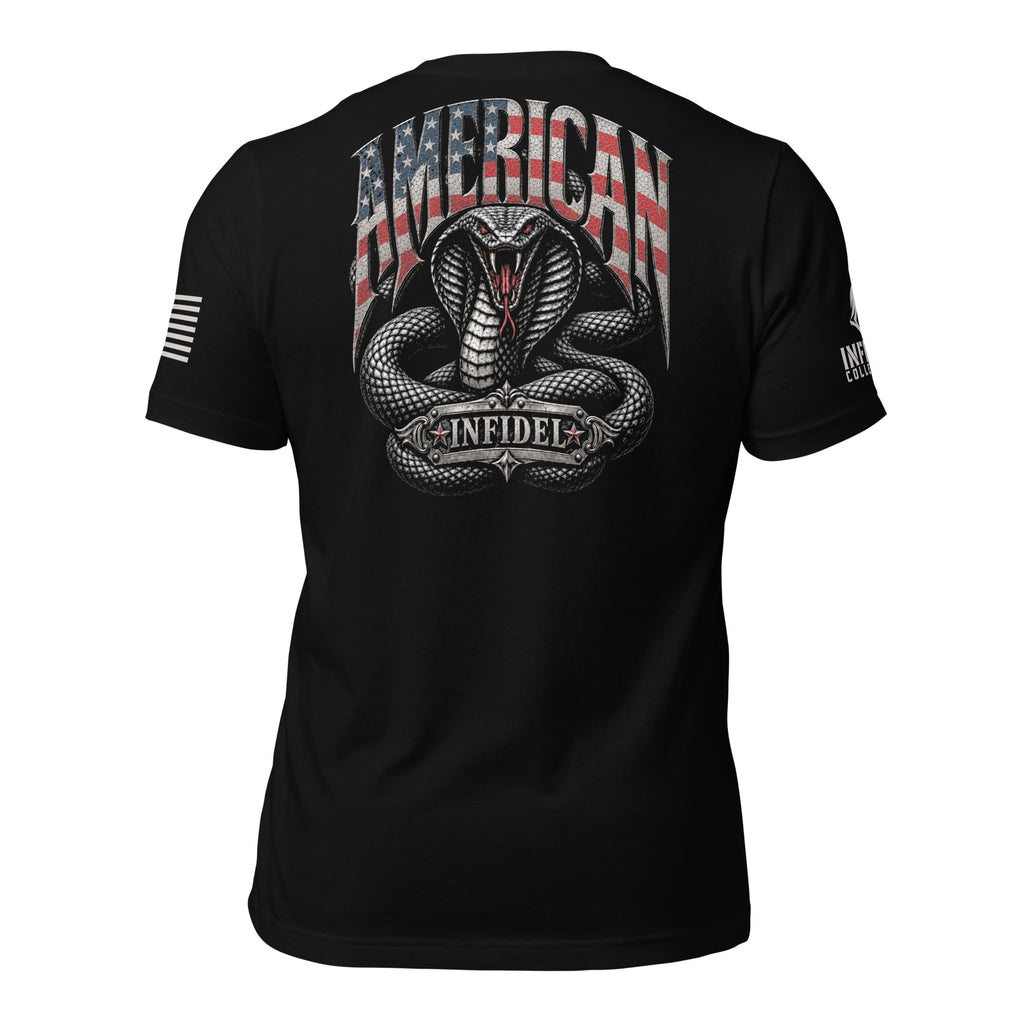 Black short-sleeve t-shirt shown from the back, featuring a large graphic print of a coiled cobra snake with the word 'AMERICAN' in an American flag pattern above it and 'INFIDEL' below the snake.