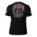 Black short-sleeve t-shirt shown from the back, featuring a large graphic print of a coiled cobra snake with the word 'AMERICAN' in an American flag pattern above it and 'INFIDEL' below the snake.