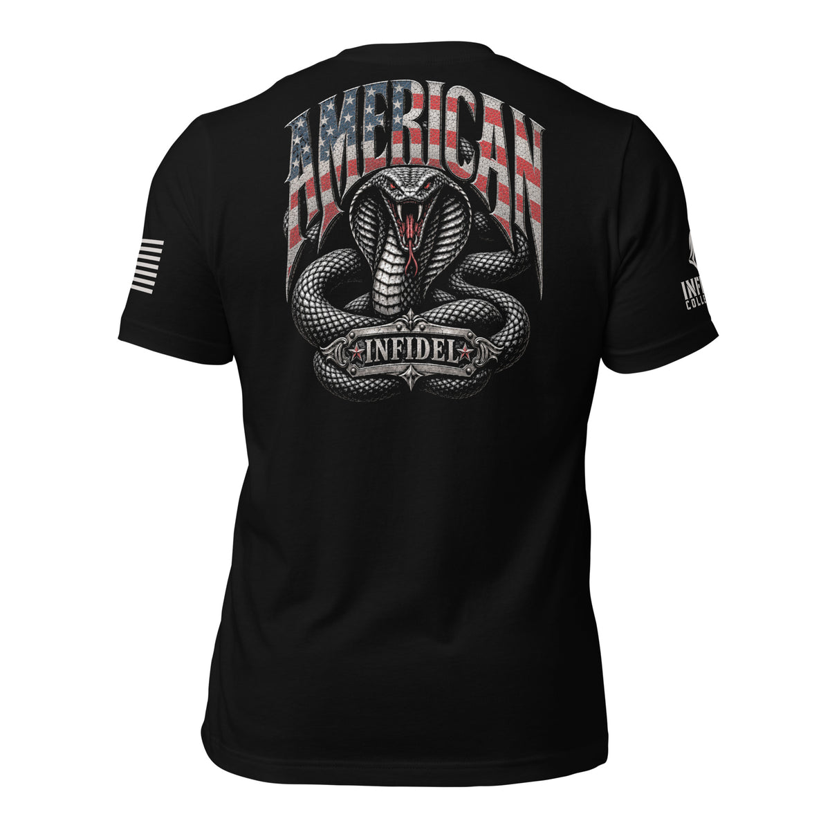 Black short-sleeve t-shirt shown from the back, featuring a large graphic print of a coiled cobra snake with the word 'AMERICAN' in an American flag pattern above it and 'INFIDEL' below the snake.