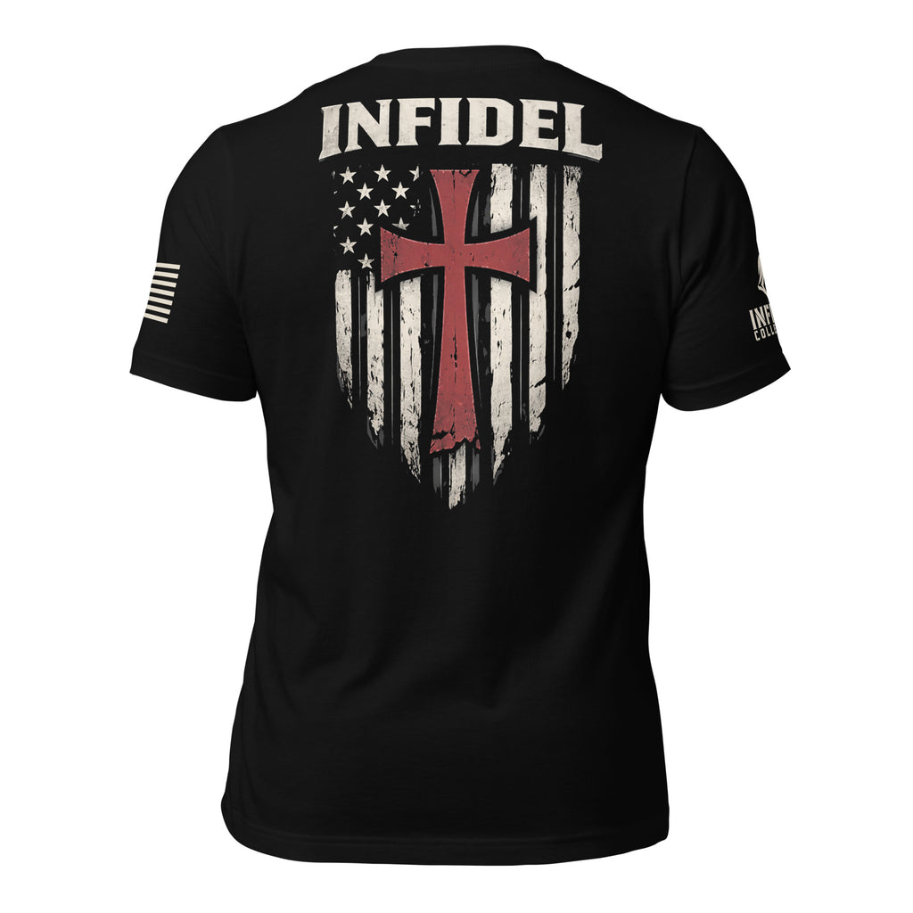Black short-sleeve t-shirt shown from the back, featuring a distressed white American flag graphic with a crimson red cross in the center, the word 'INFIDEL' printed across the upper back, and a small white flag graphic on one sleeve. The left sleeve has an American USA flag and the right sleeve the brand logo for INFIDEL COLLECTIVE.