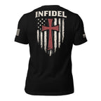Black short-sleeve t-shirt shown from the back, featuring a distressed white American flag graphic with a crimson red cross in the center, the word 'INFIDEL' printed across the upper back, and a small white flag graphic on one sleeve. The left sleeve has an American USA flag and the right sleeve the brand logo for INFIDEL COLLECTIVE.