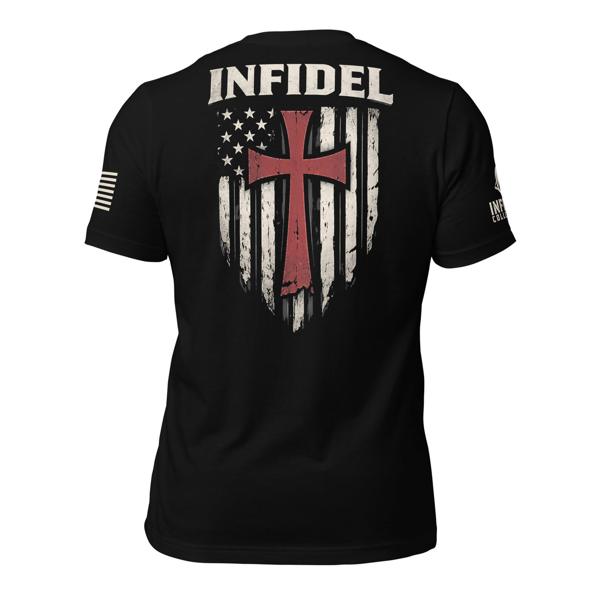 Black short-sleeve t-shirt shown from the back, featuring a distressed white American flag graphic with a crimson red cross in the center, the word 'INFIDEL' printed across the upper back, and a small white flag graphic on one sleeve. The left sleeve has an American USA flag and the right sleeve the brand logo for INFIDEL COLLECTIVE.