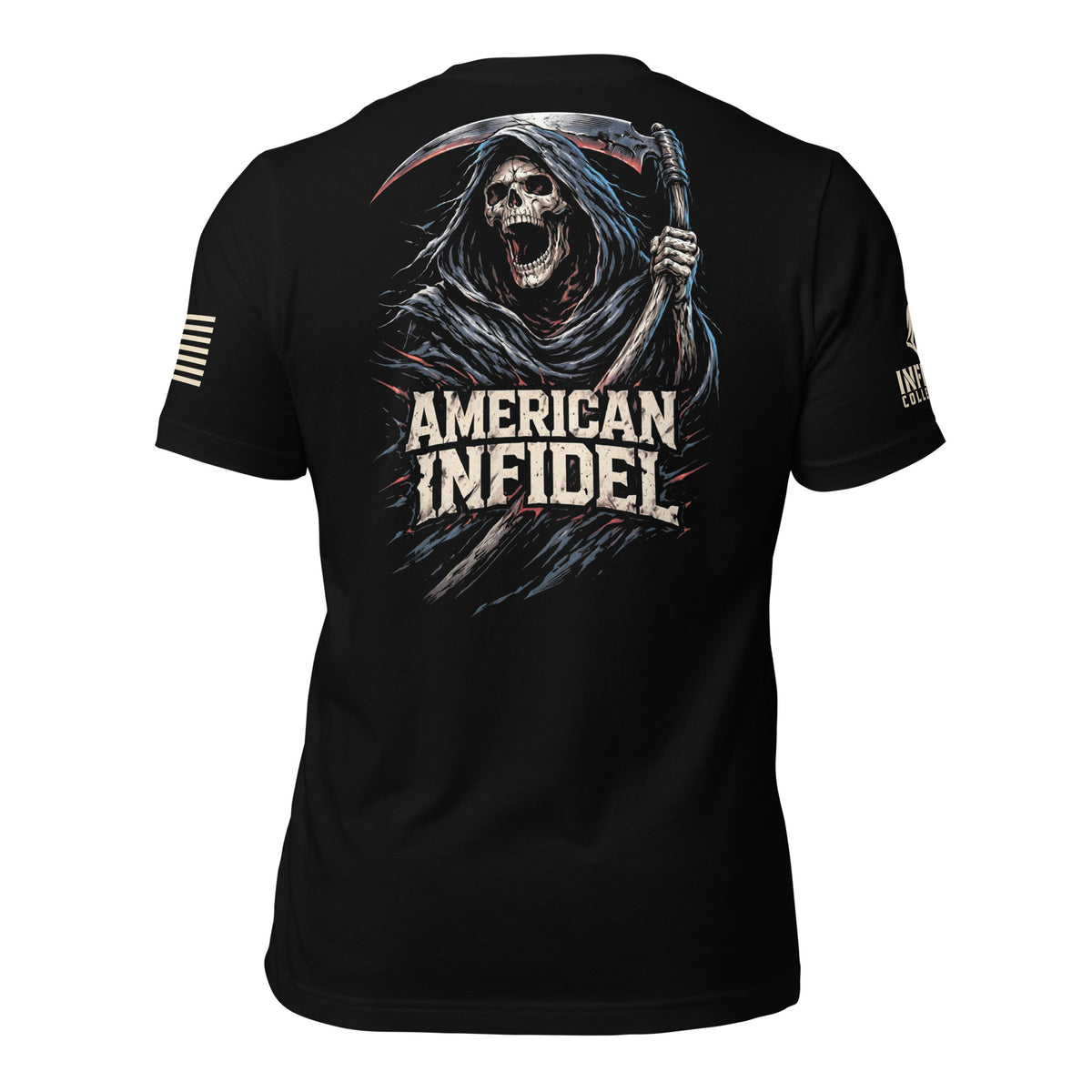 Black short-sleeve graphic T-shirt shown from the back, featuring a grim reaper illustration with the words “AMERICAN INFIDEL” in large distressed white lettering. 
