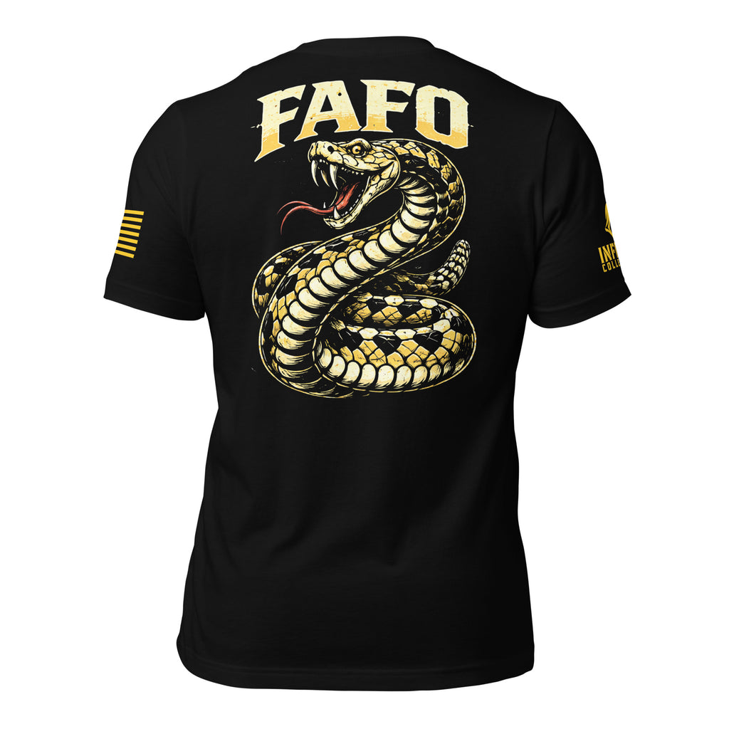 Black short-sleeve t-shirt shown from the back, featuring a large graphic of a coiled rattlesnake in yellow, beige, and black, with the text 'FAFO' in yellow above it. There are additional yellow graphic elements on both sleeves.