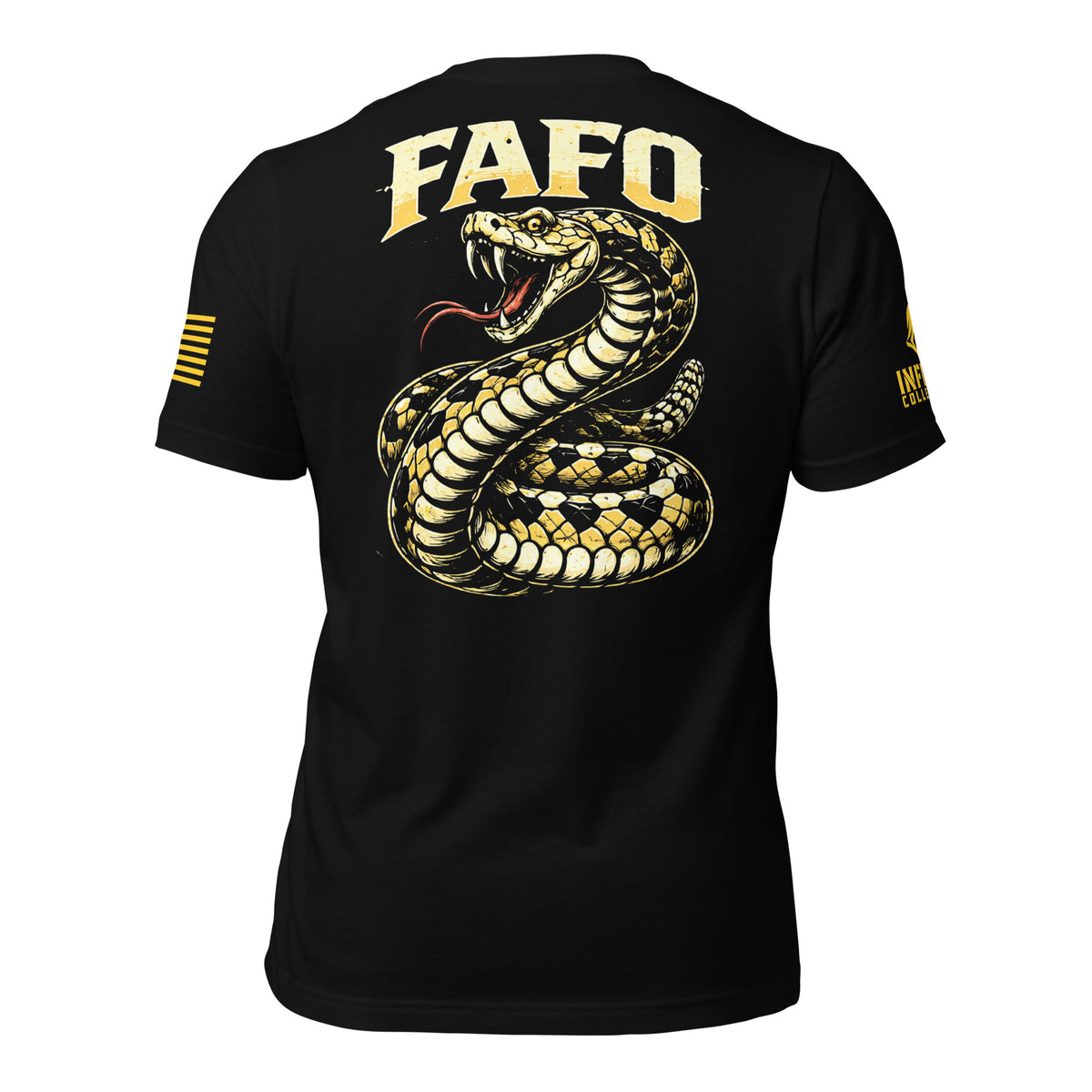 Black short-sleeve t-shirt shown from the back, featuring a large graphic of a coiled rattlesnake in yellow, beige, and black, with the text 'FAFO' in yellow above it. There are additional yellow graphic elements on both sleeves.