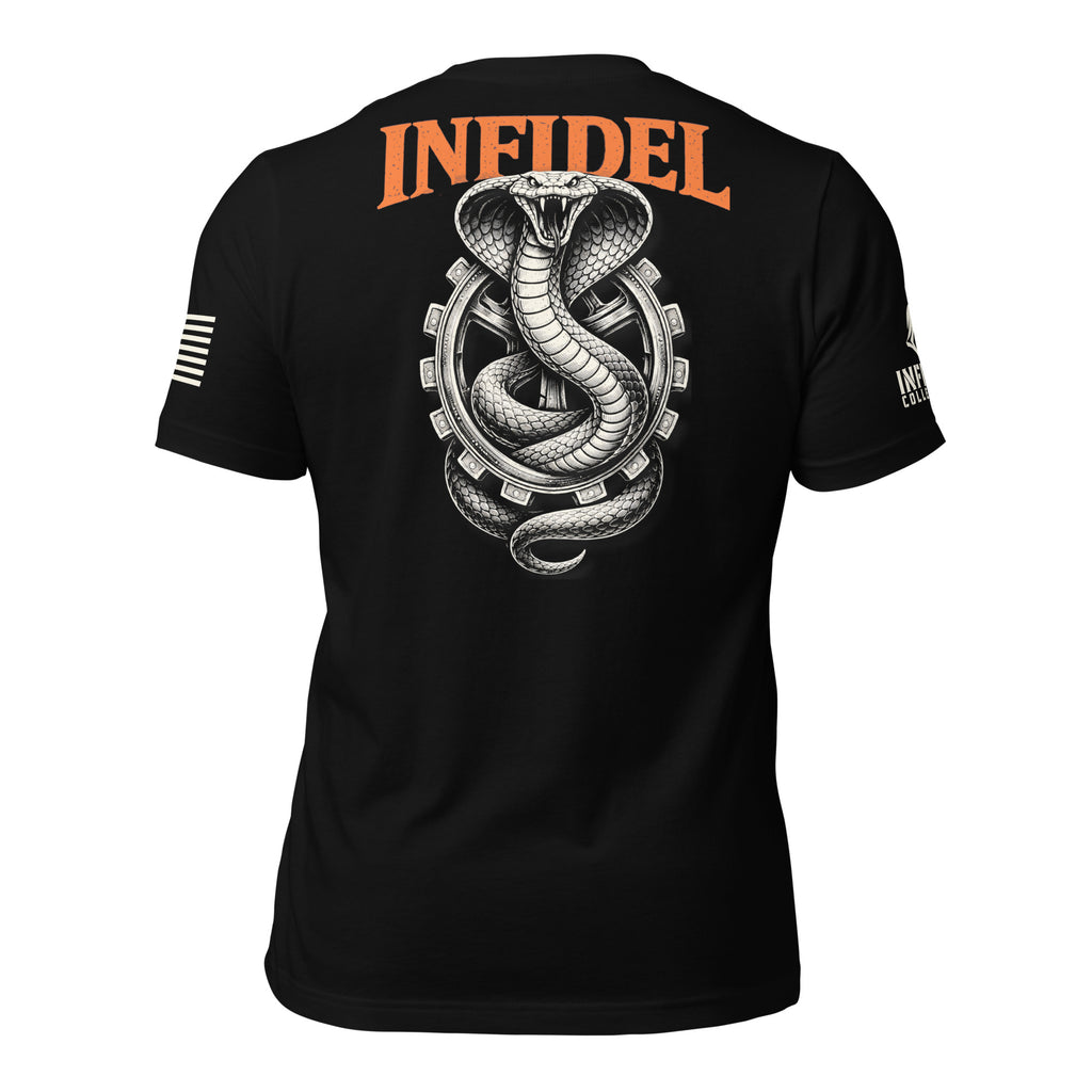 Black short-sleeve t-shirt shown from the back, featuring a large graphic of a coiled snake inside a gear with the word 'INFIDEL' printed in orange above it. The shirt is photographed on a solid white background.