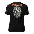 Black short-sleeve t-shirt shown from the back, featuring a large graphic of a coiled snake inside a gear with the word 'INFIDEL' printed in orange above it. The shirt is photographed on a solid white background.